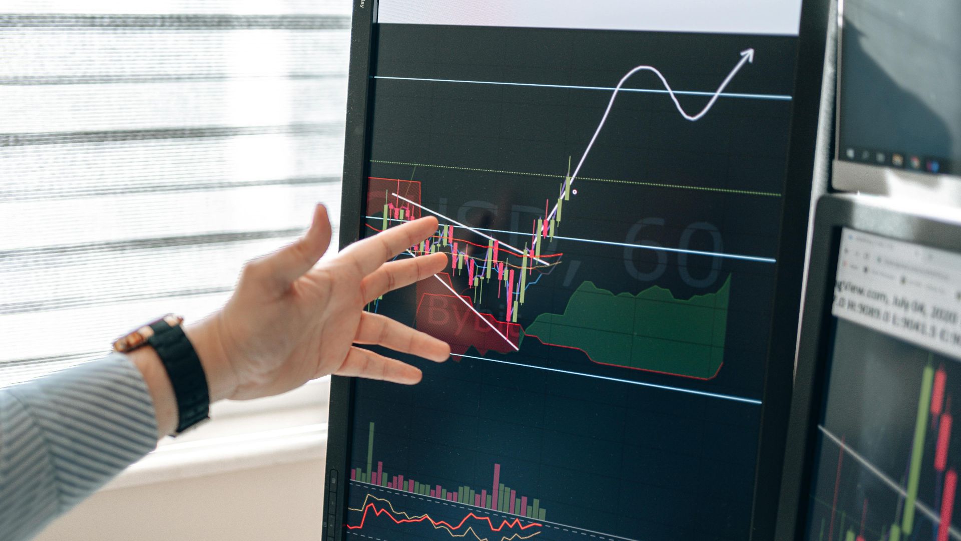 Close-up of a hand pointing at stock market graphs on a monitor in a workspace.