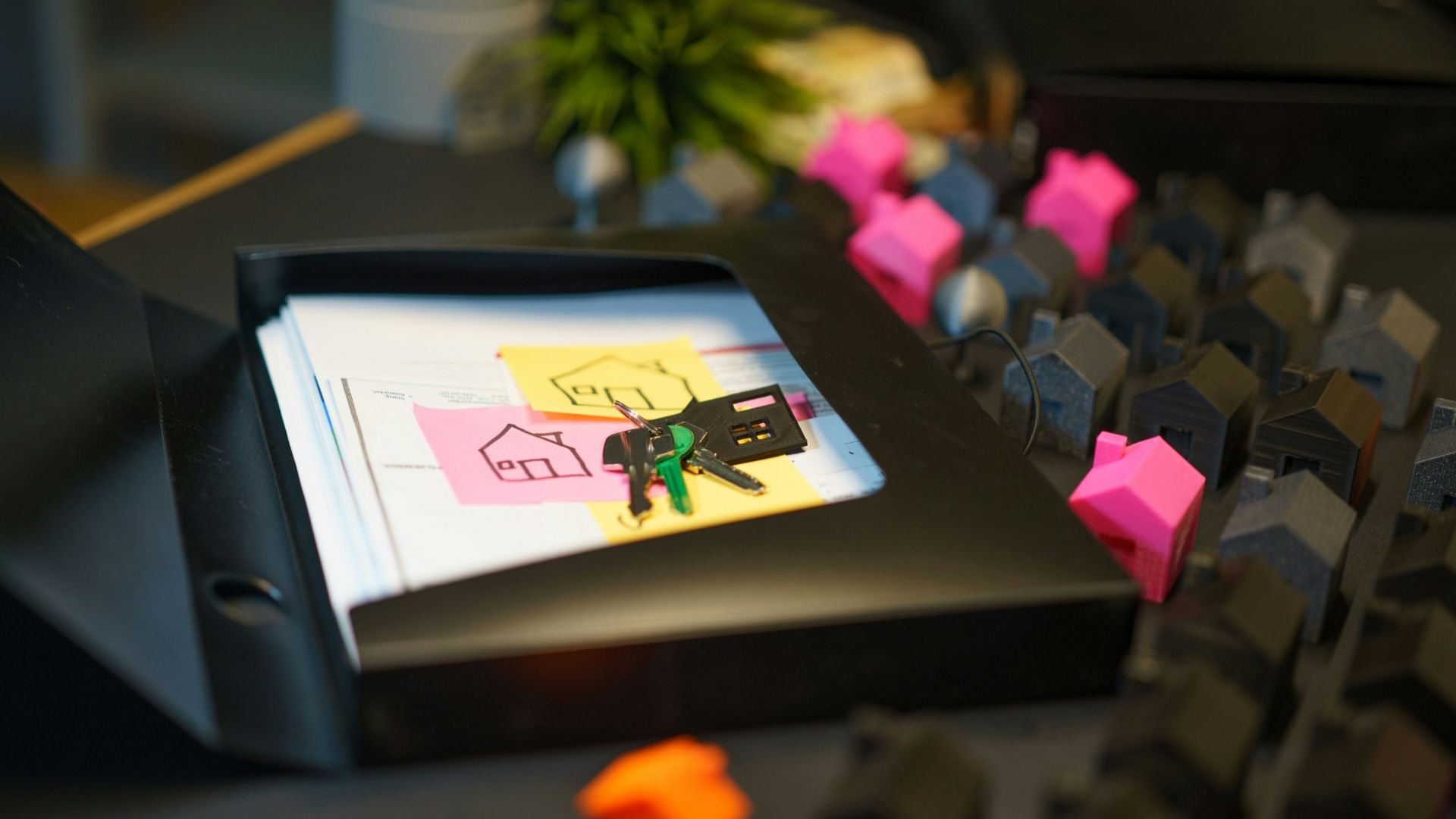 Folder with house drawings and keys, miniature houses