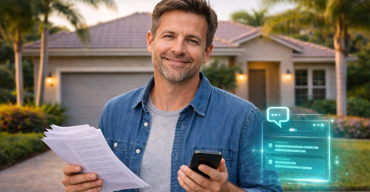 Man with papers outside suburban home