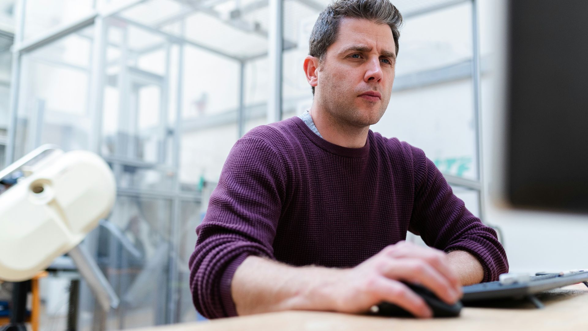 man in purple sweater sitting at the table