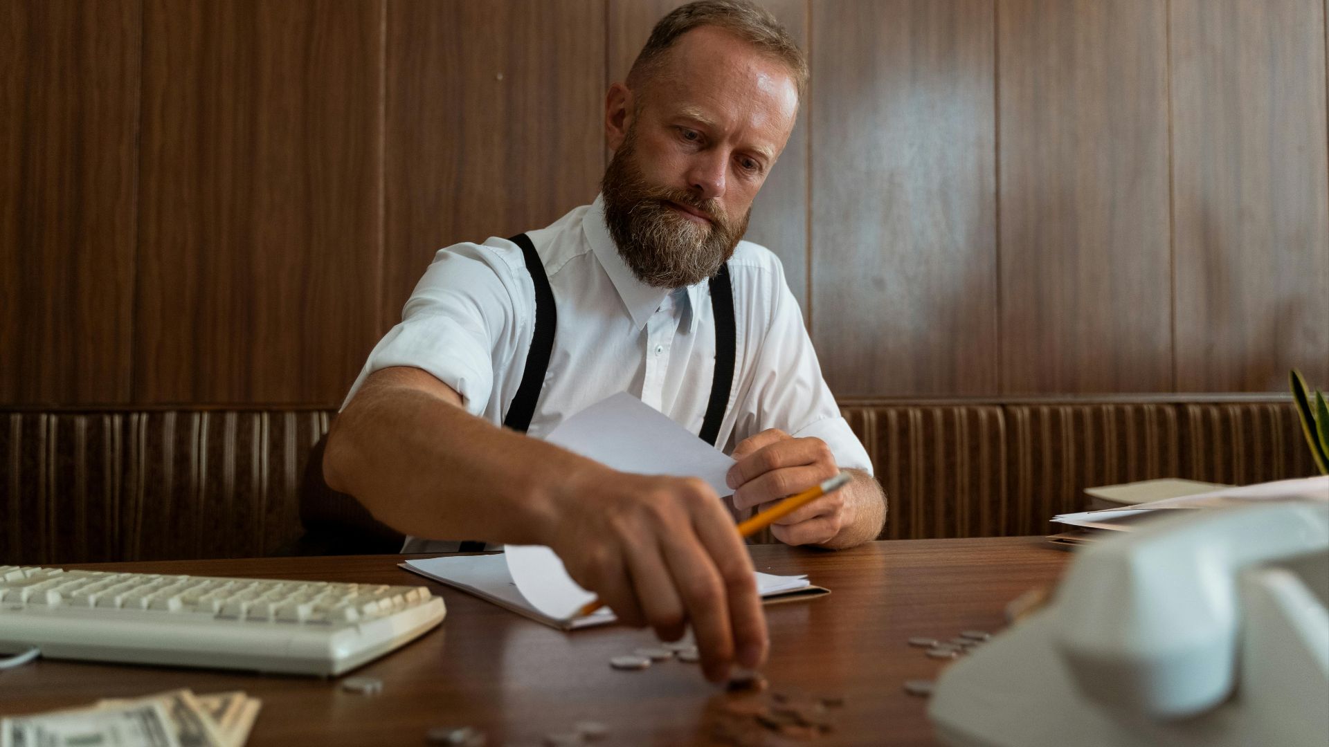 A bearded businessman wearing suspenders counts coins at a vintage workspace, embodying retro office style.