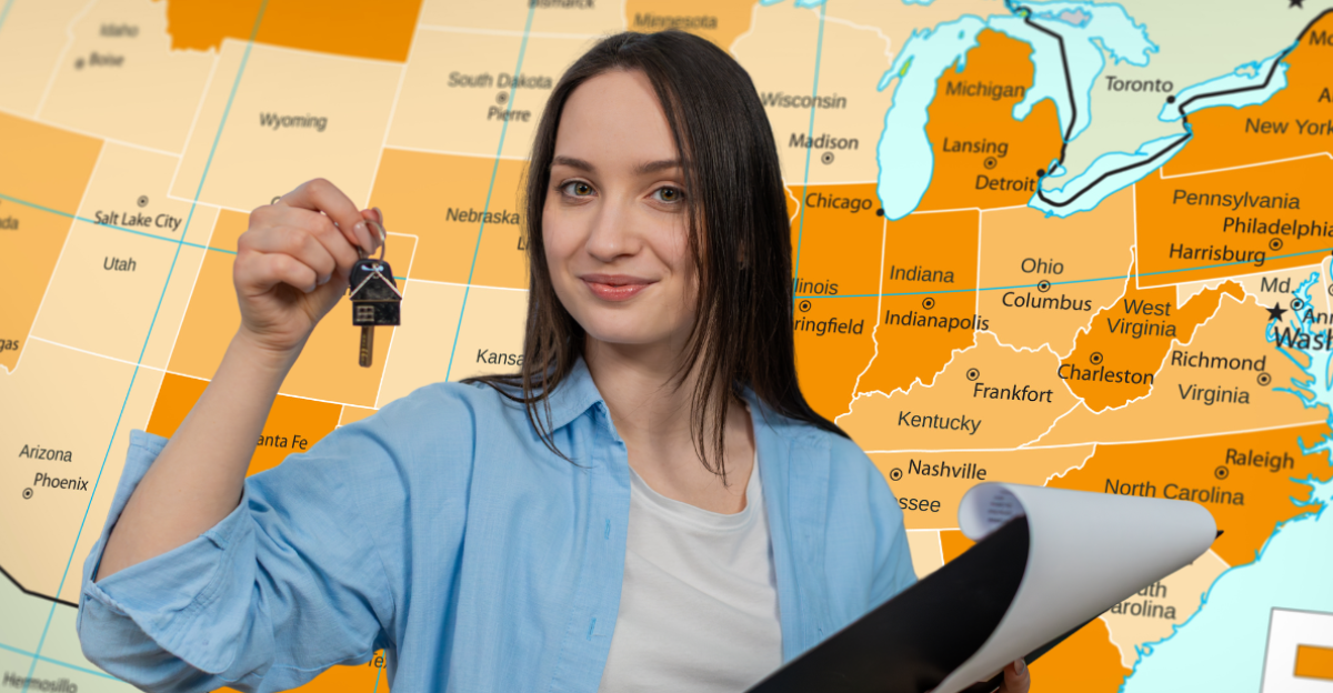 Young woman at home happily reviewing documents 