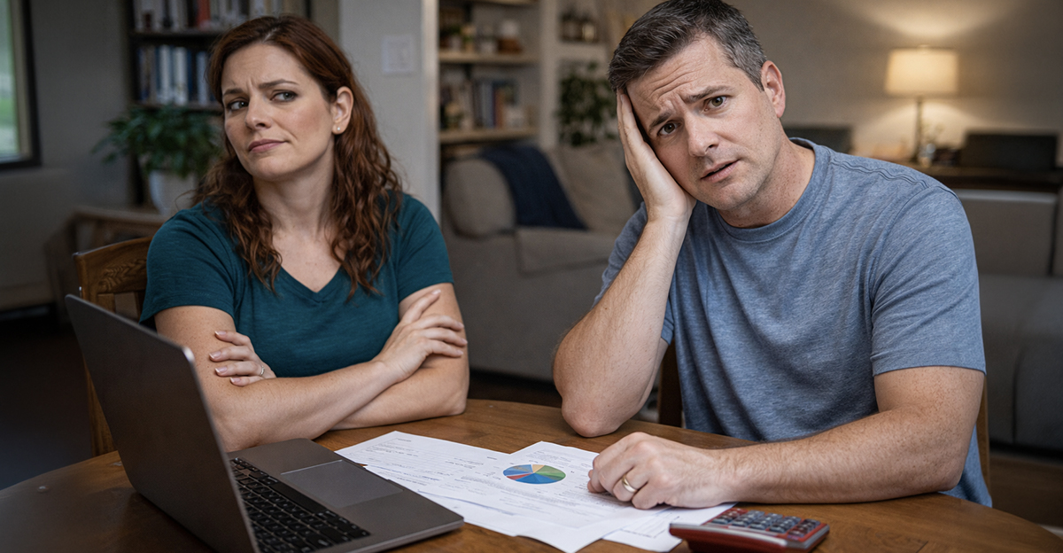 Concerned husband and wife budgeting at the table.