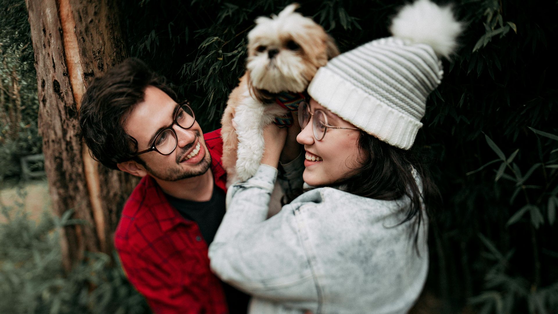 A joyful couple smiling and holding a Shih Tzu dog outdoors in a lush park setting.