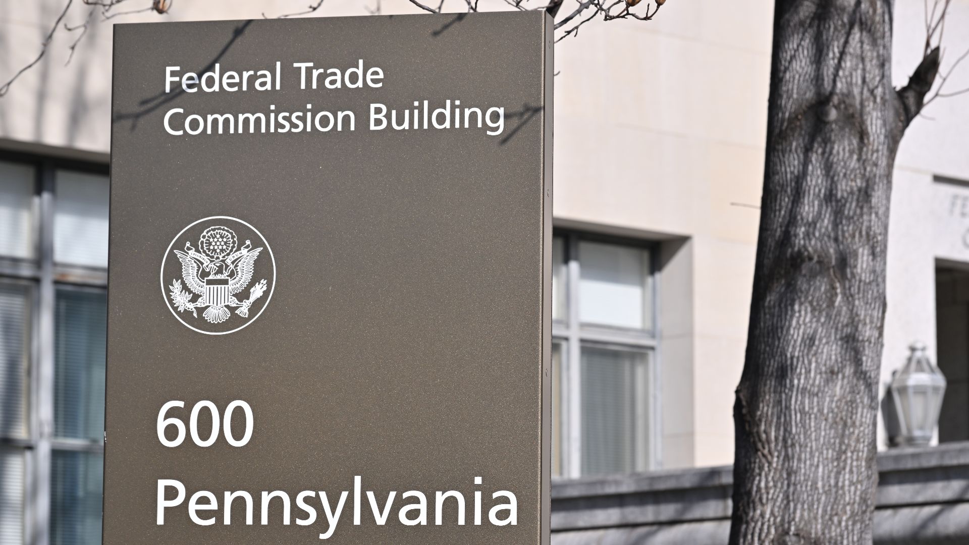 A sign outside of the Federal Trade Commission building. 600 Pennsylvania Avenue NW, Washington, DC 20580.