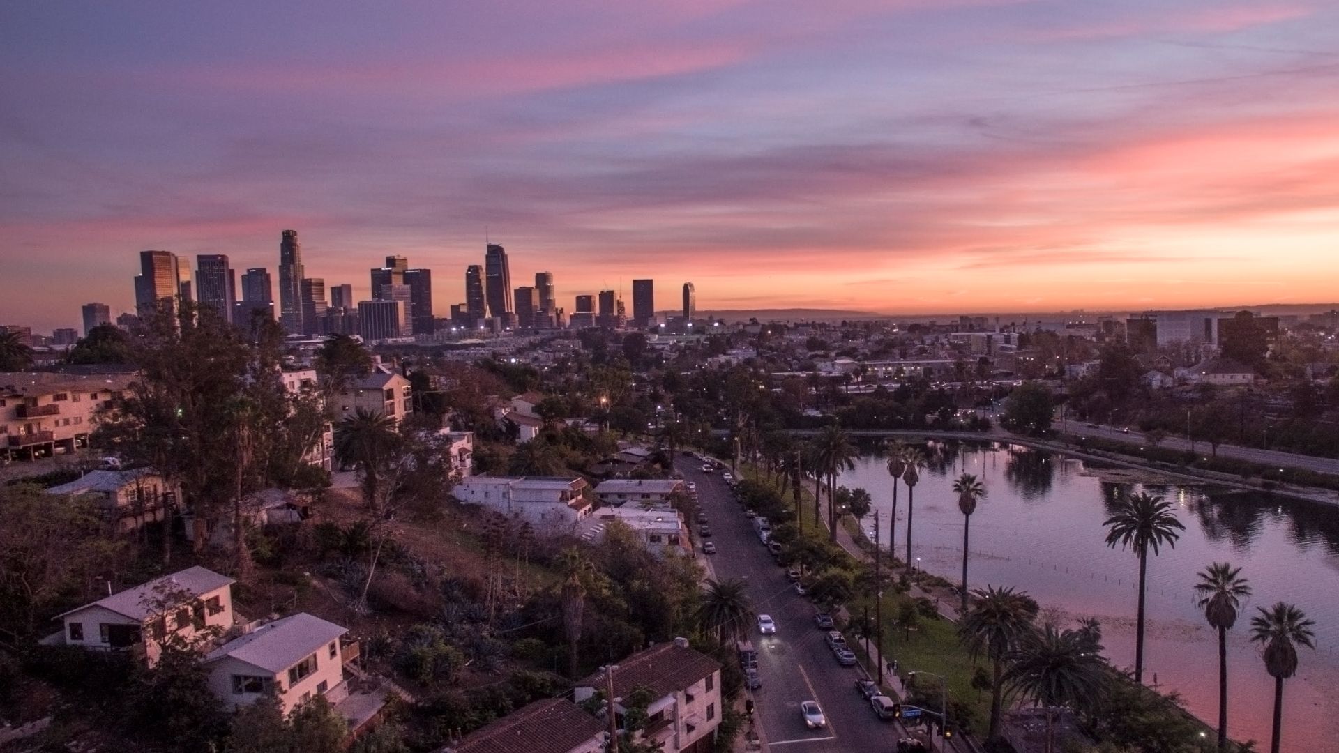 Echo Park Lake with Downtown Los Angeles Skyline