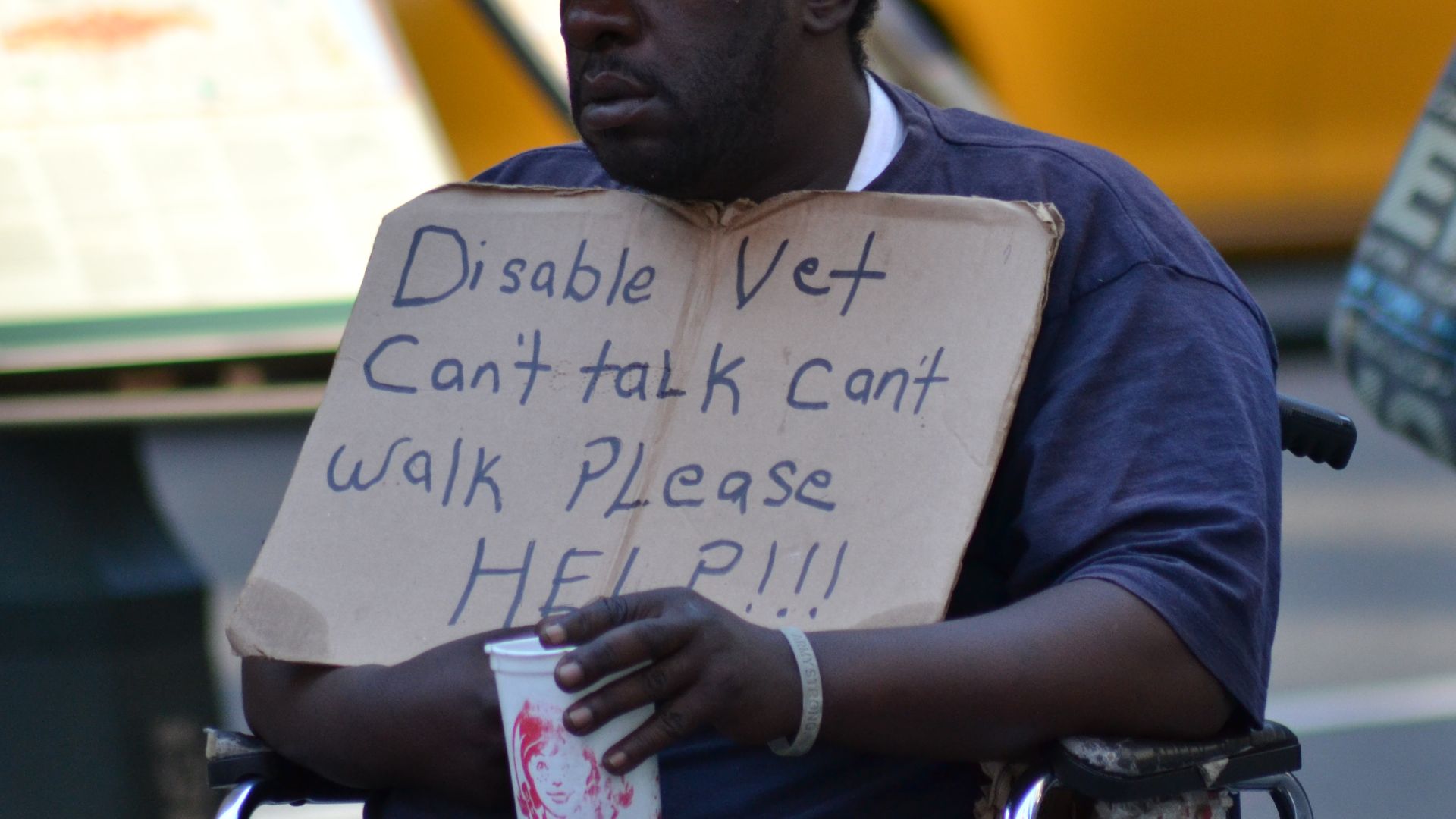 Homeless veteran outside Madison Square garden NYC