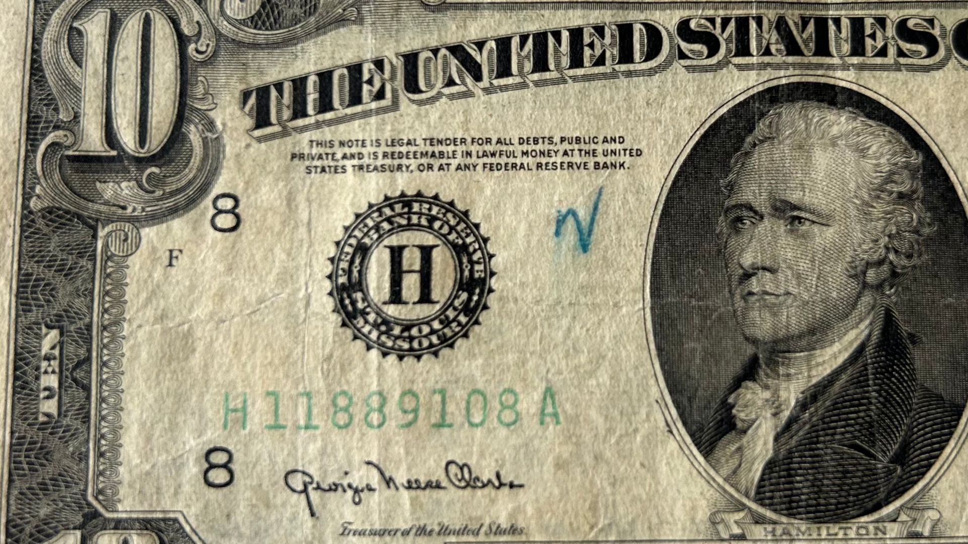 Detail of a Series 1950 United States ten-dollar bill, showing the phrase validating its status as legal tender.