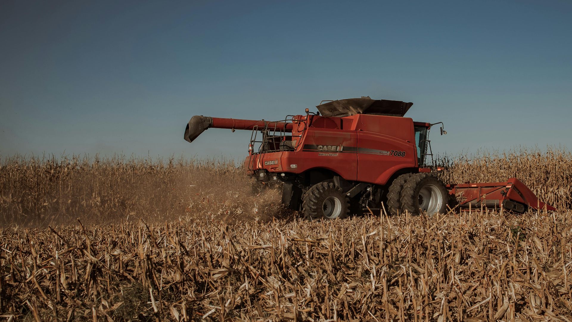 Red combine harvester harvesting corn under a clear sky, showcasing modern agriculture.