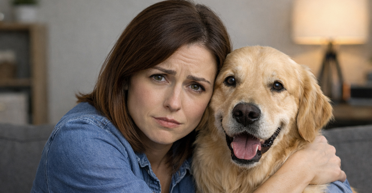 AI-generated image of a woman worried about losing her pet dog during breakup.