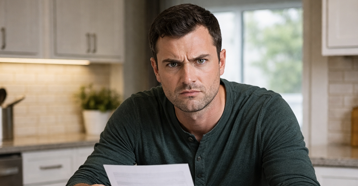 AI-generated image of a man worried about his ex wife's credit card debt.