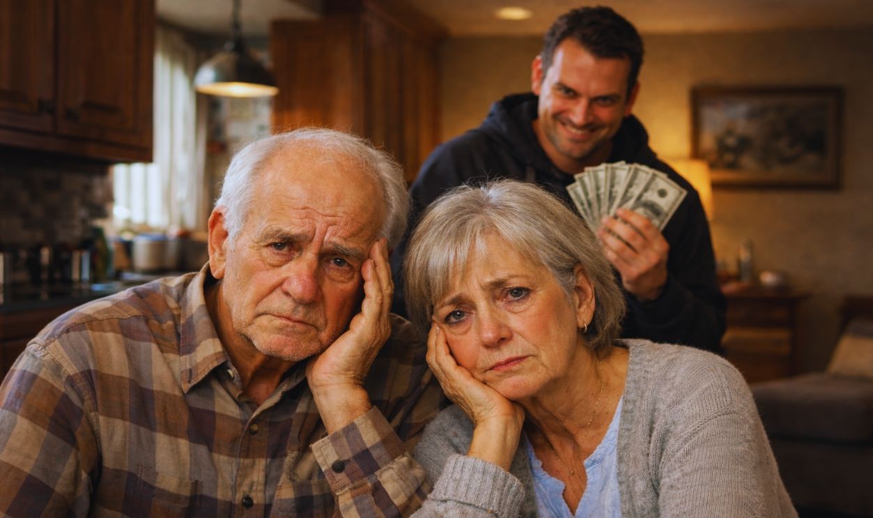 Elderly Parents sad with relative evil smile