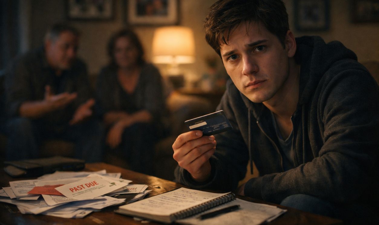 stressed man holding a credit card