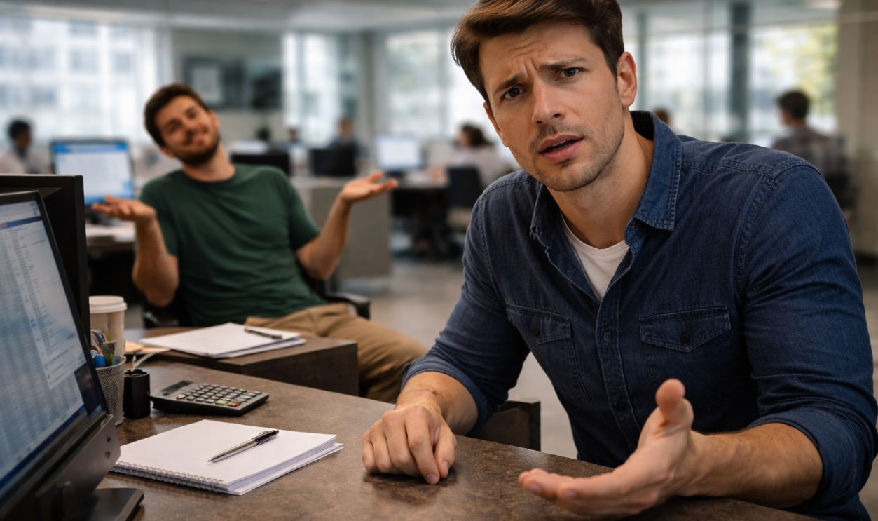 concerned man in office with coworker