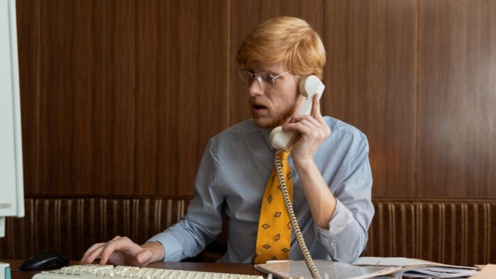 Man in Blue Dress Shirt Talking to the Telephone