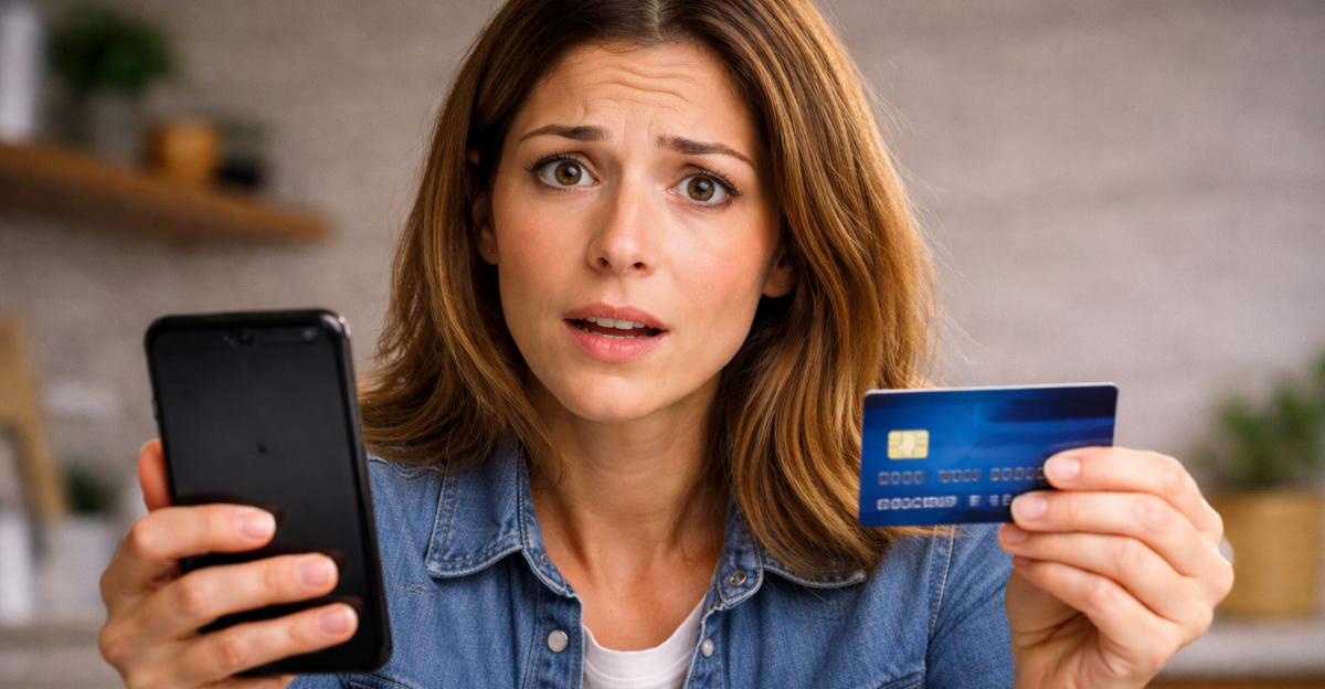 Concerned woman holding smartphone and credit card