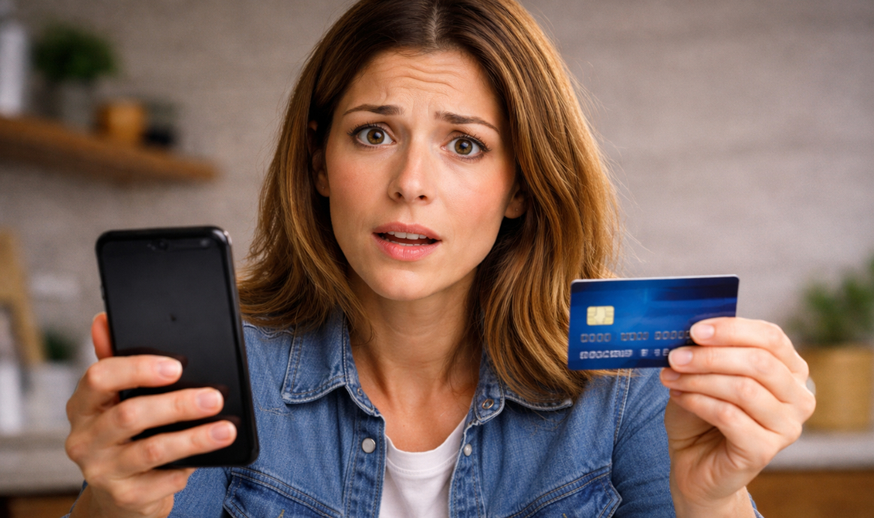 Concerned woman holding smartphone and credit card