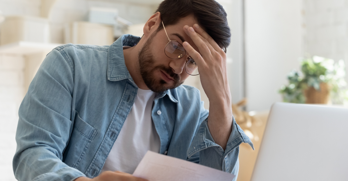 Upset frustrated young man reading bad news