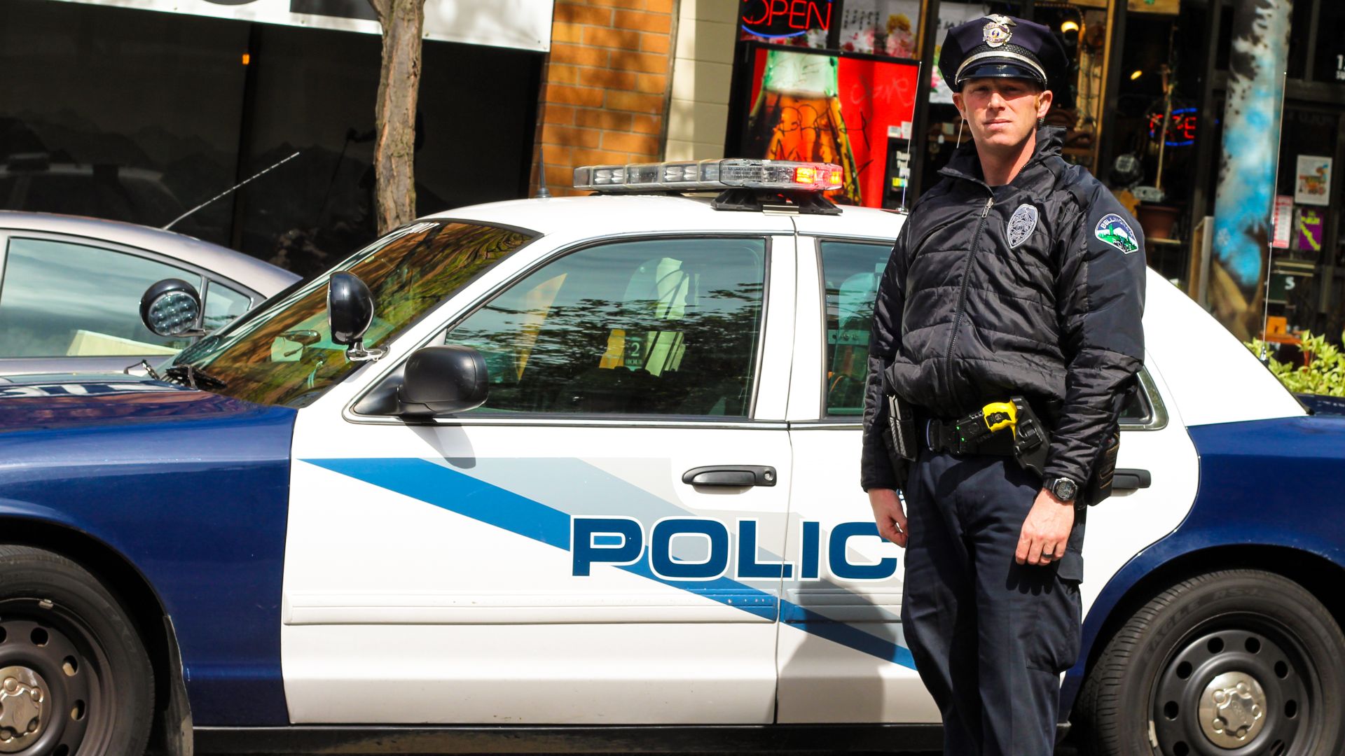 A Bellingham Police officer poses for a quick photo for me.