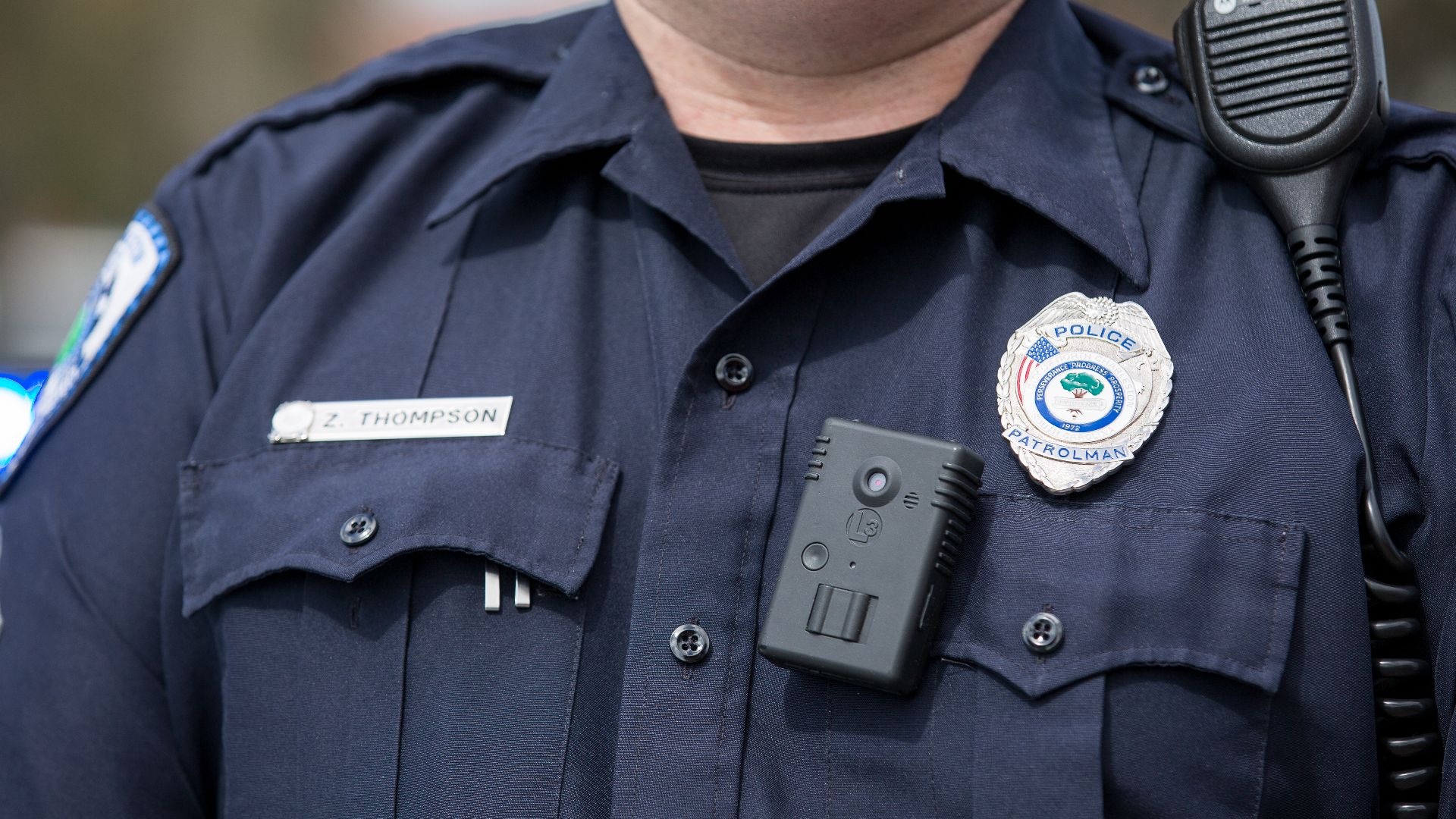 Policeman with body-worn videocamera (body-cam) in North Charleston (South Carolina, USA)