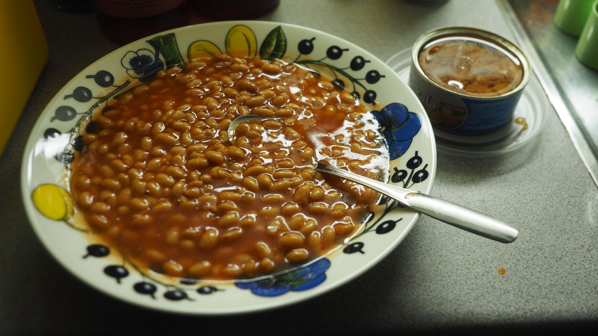 A plate of baked beans and a can of canned fish served as a night-time snack at a private apartment in Helsinki, Finland.