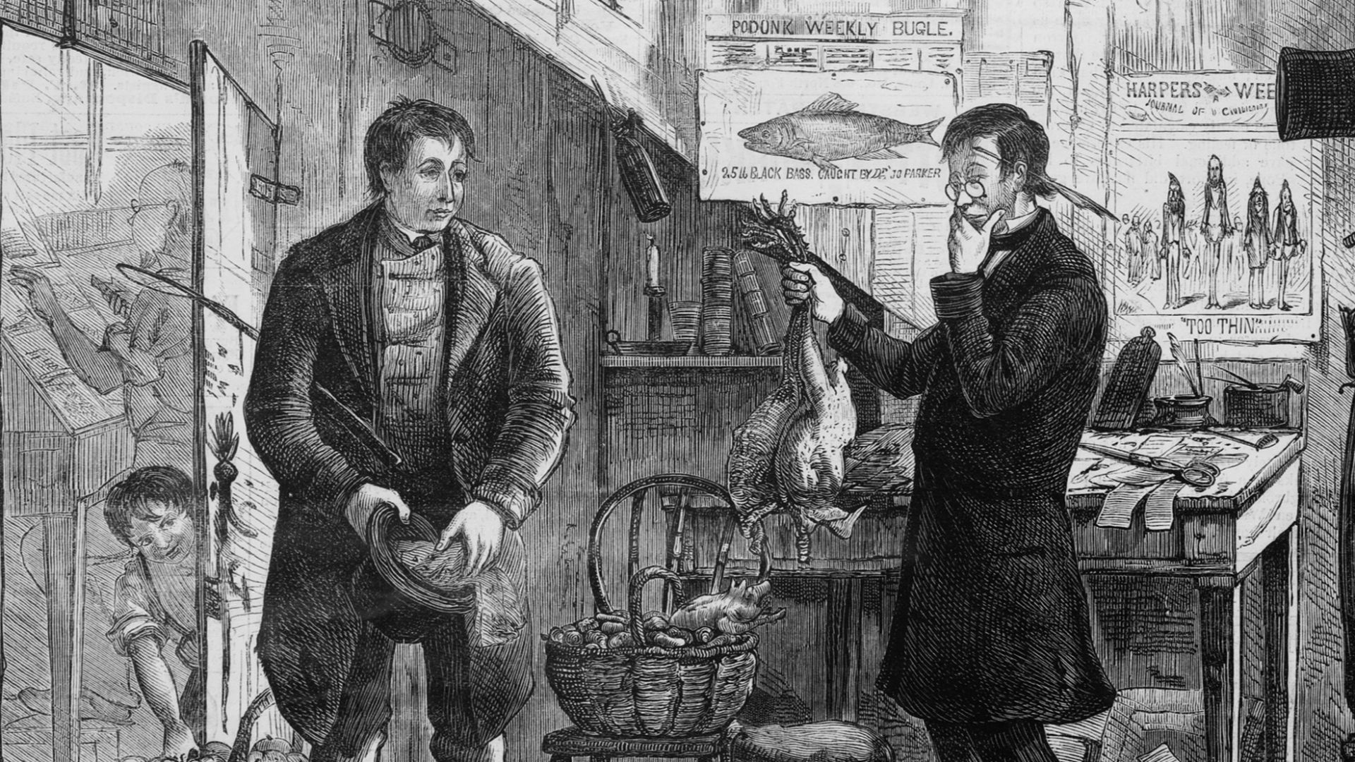 A newspaper illustration depicting a man engaging in barter, paying his yearly newspaper subscription to the