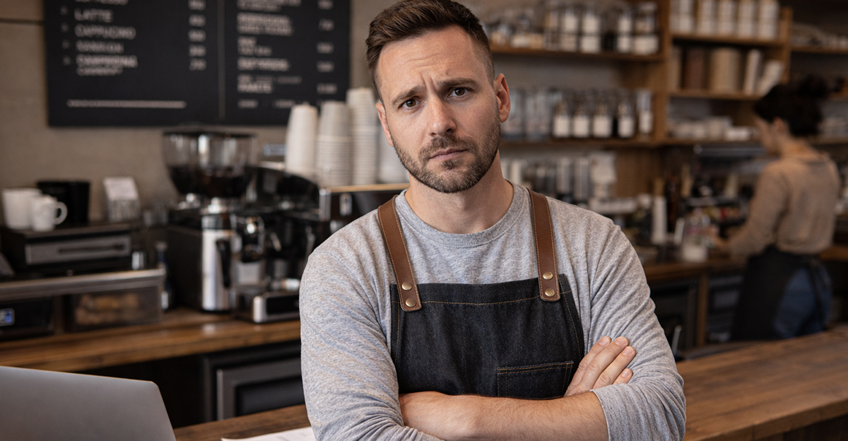 AI-generated image of a concerned coffee shop owner.