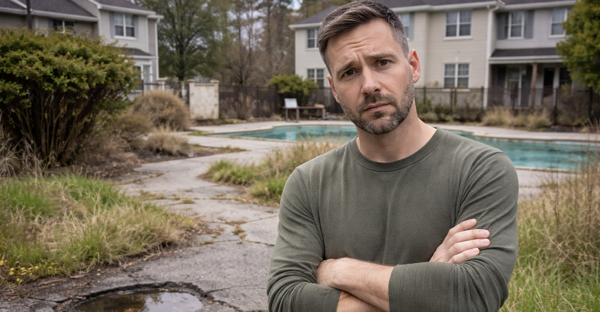 AI-generated image of a man standing in front a neglected HOA common area.