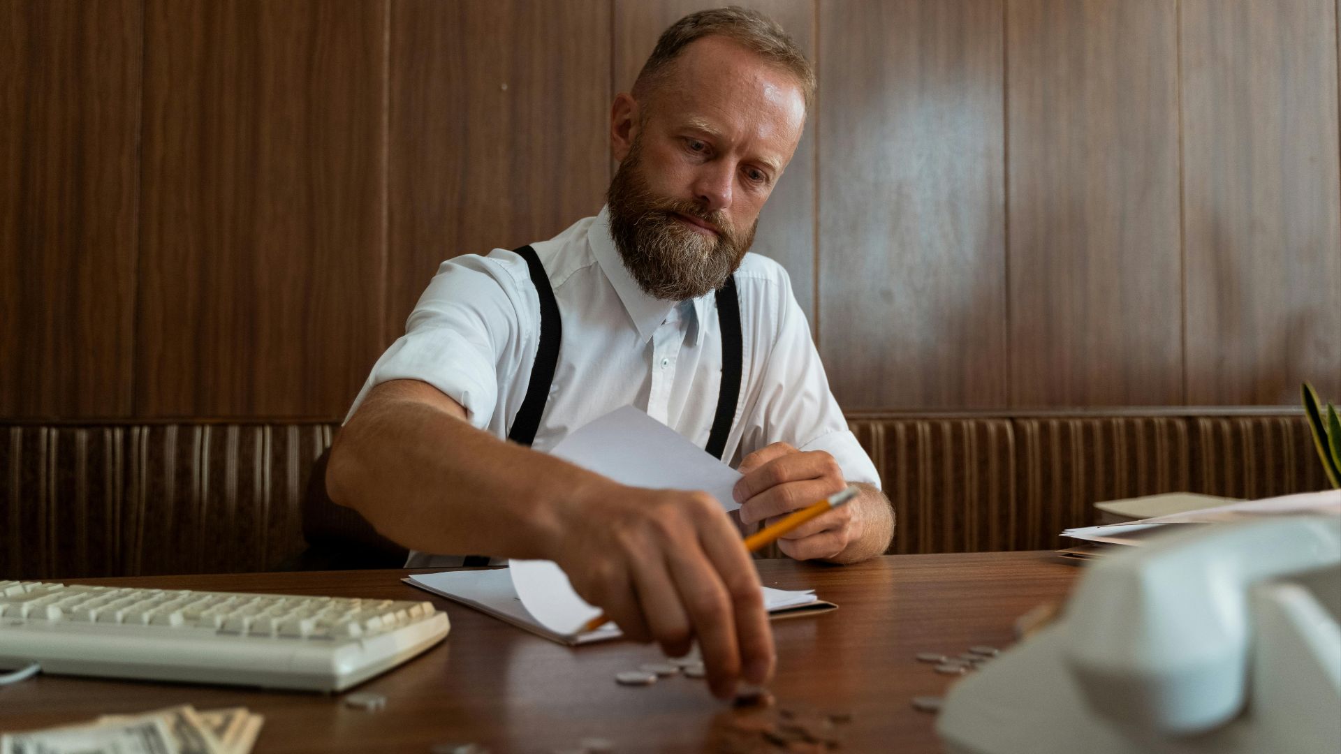 A bearded businessman wearing suspenders counts coins at a vintage workspace, embodying retro office style.