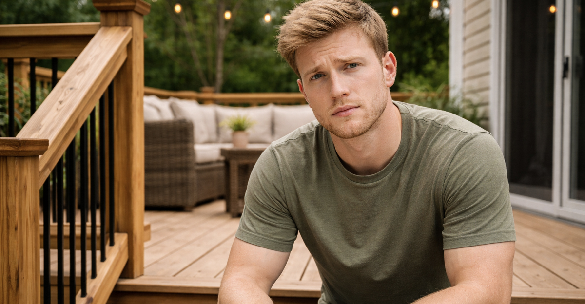 AI-generated image of a man concerned about his deck and city permits. 