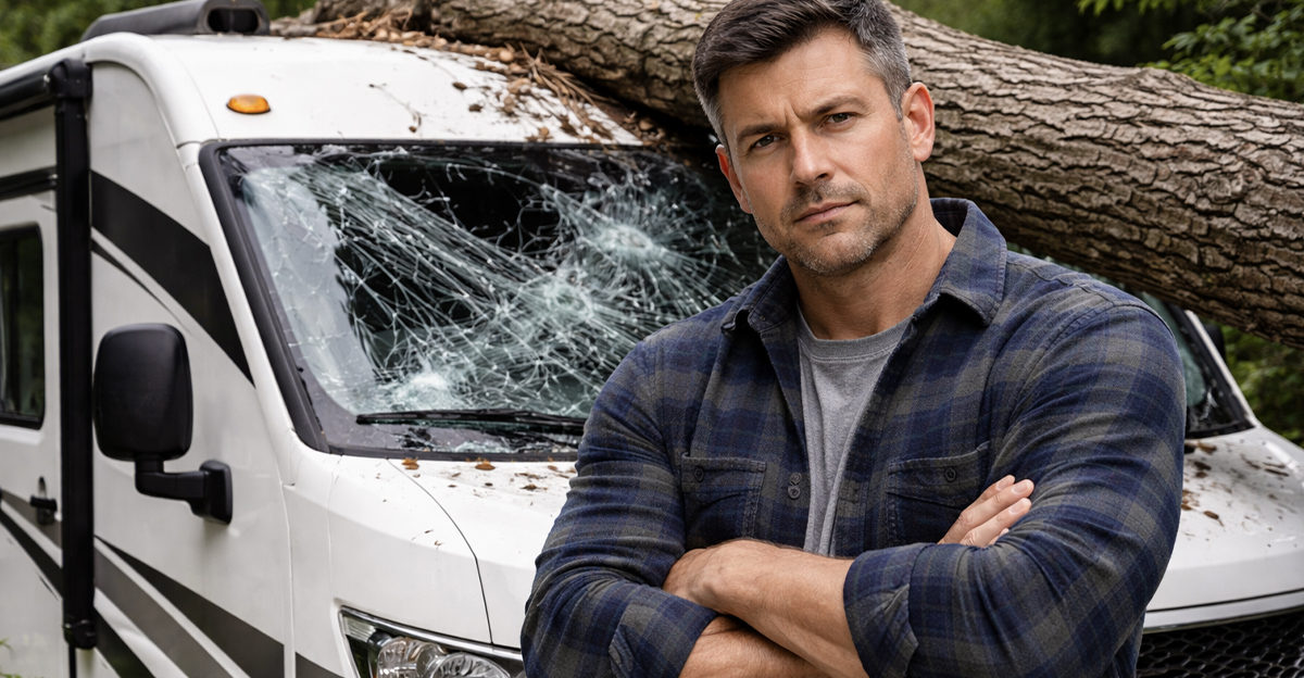 AI-generated image of a man worried about his damaged RV.