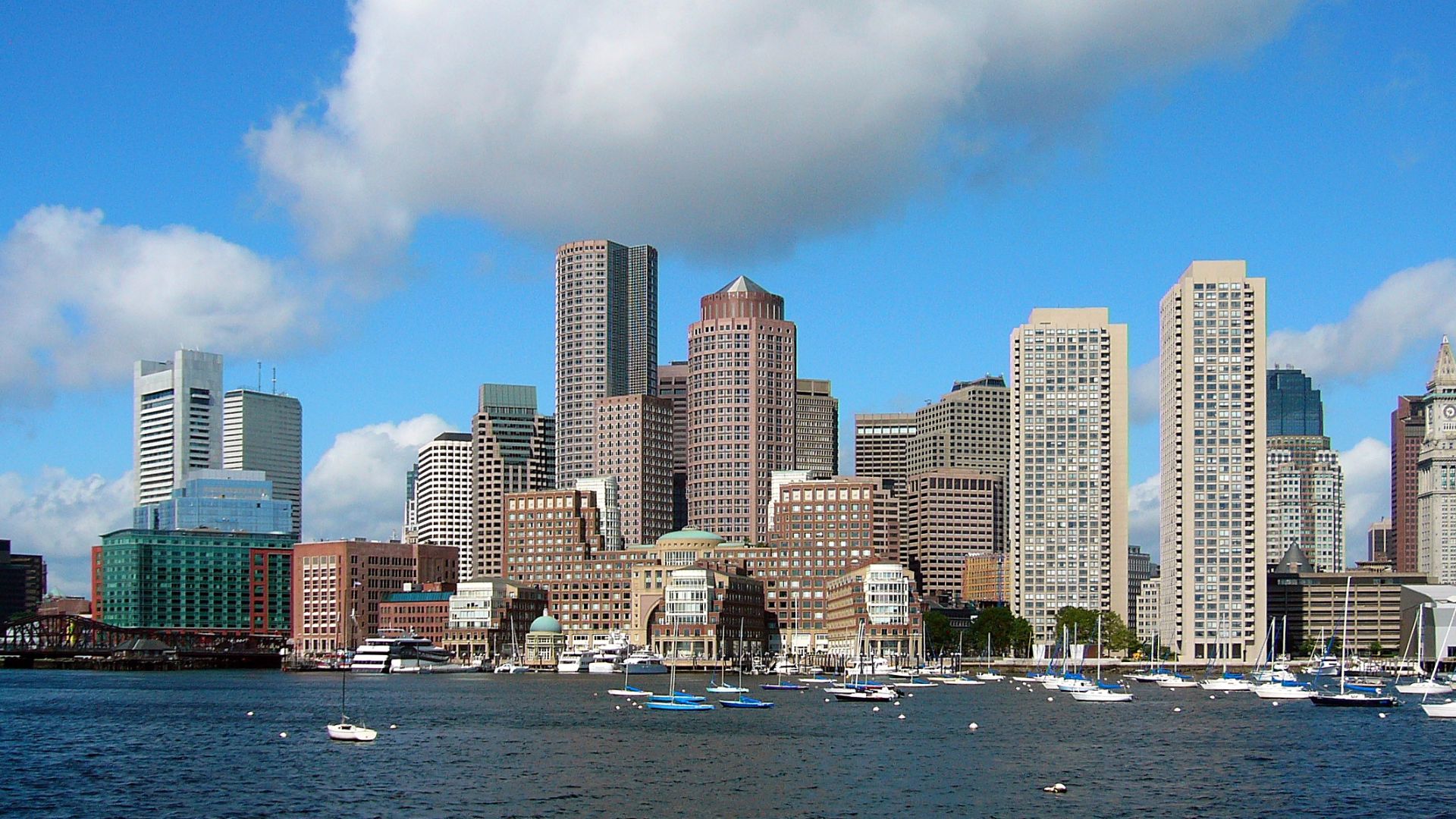 Skyline of Boston.  Picture was taken from a whale watching ferry that left from the aquarium dock.  It is the Eastern side of the Boston peninsula.