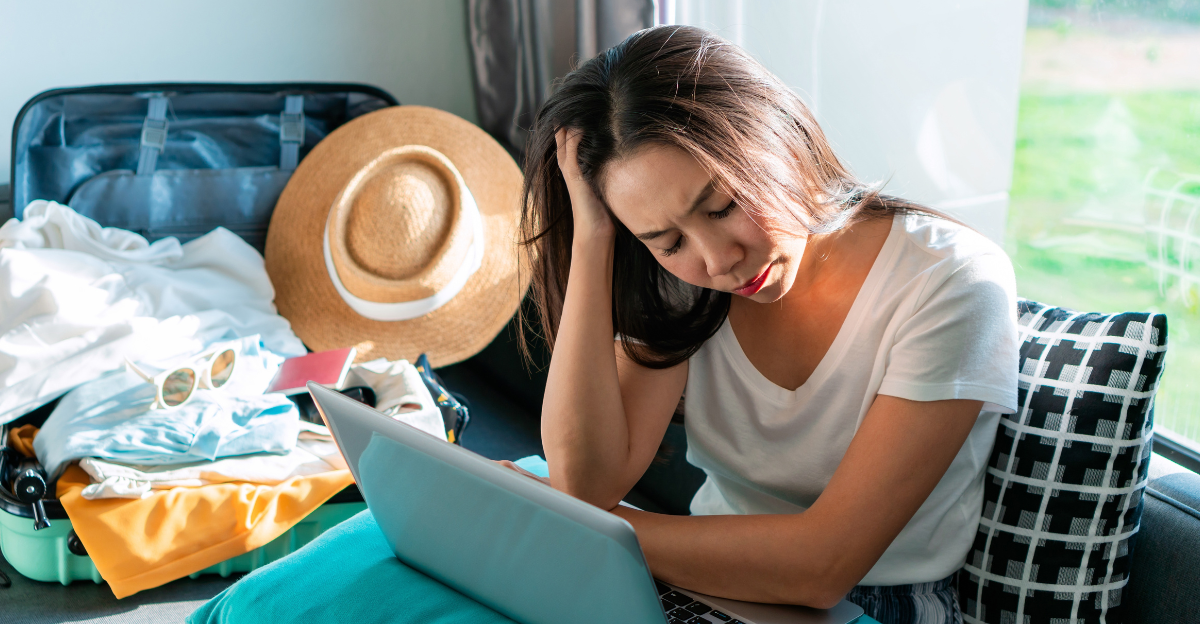 Asian woman is stressed while planning a trip.