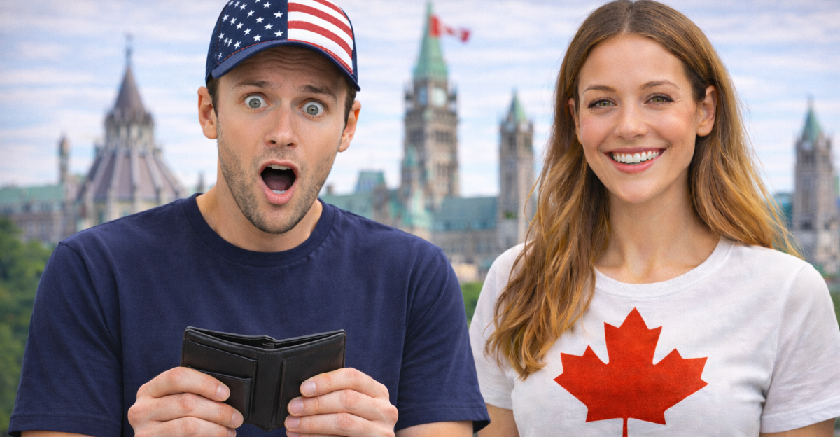American male surprised, Candian female smiling