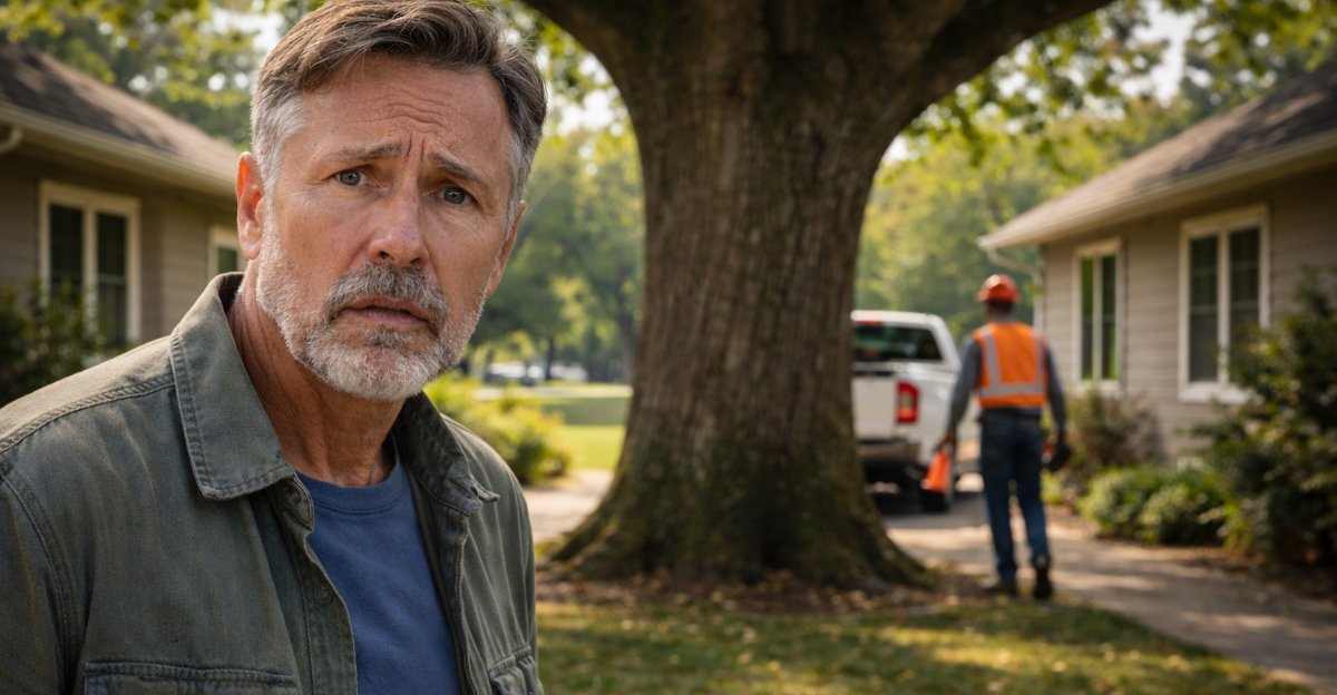 man concerned tree on property