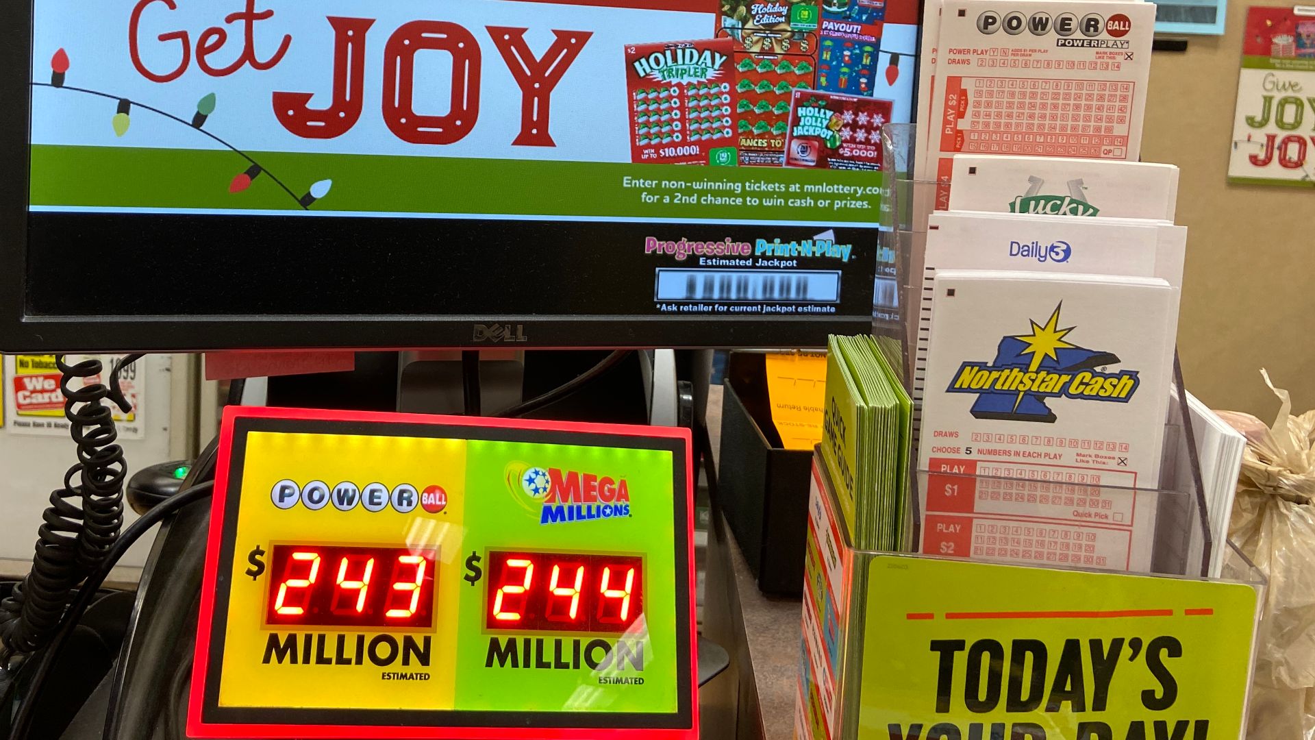 Give Joy, Get Joy
Holiday themed gambling 
Minnesota Lottery

Cub grocery store, Bloomington, Minnesota, USA