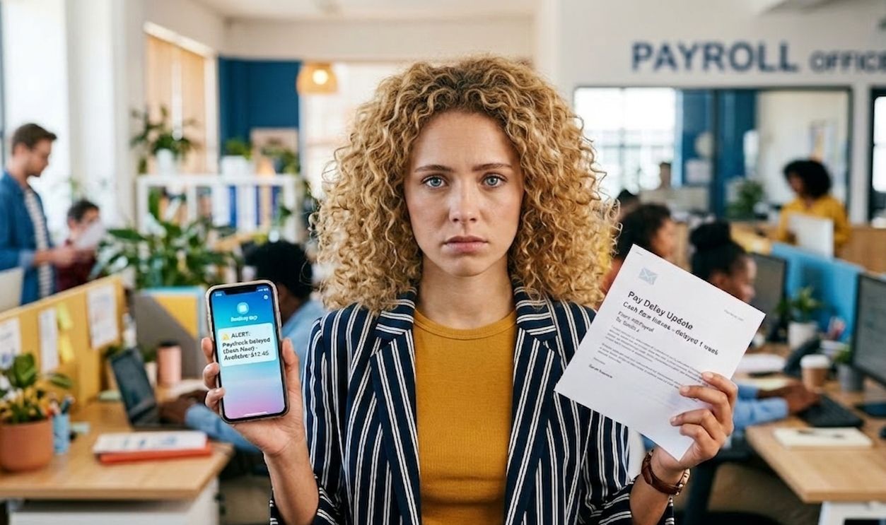 frustrated, hardworking young woman in office holding phone and a printout
