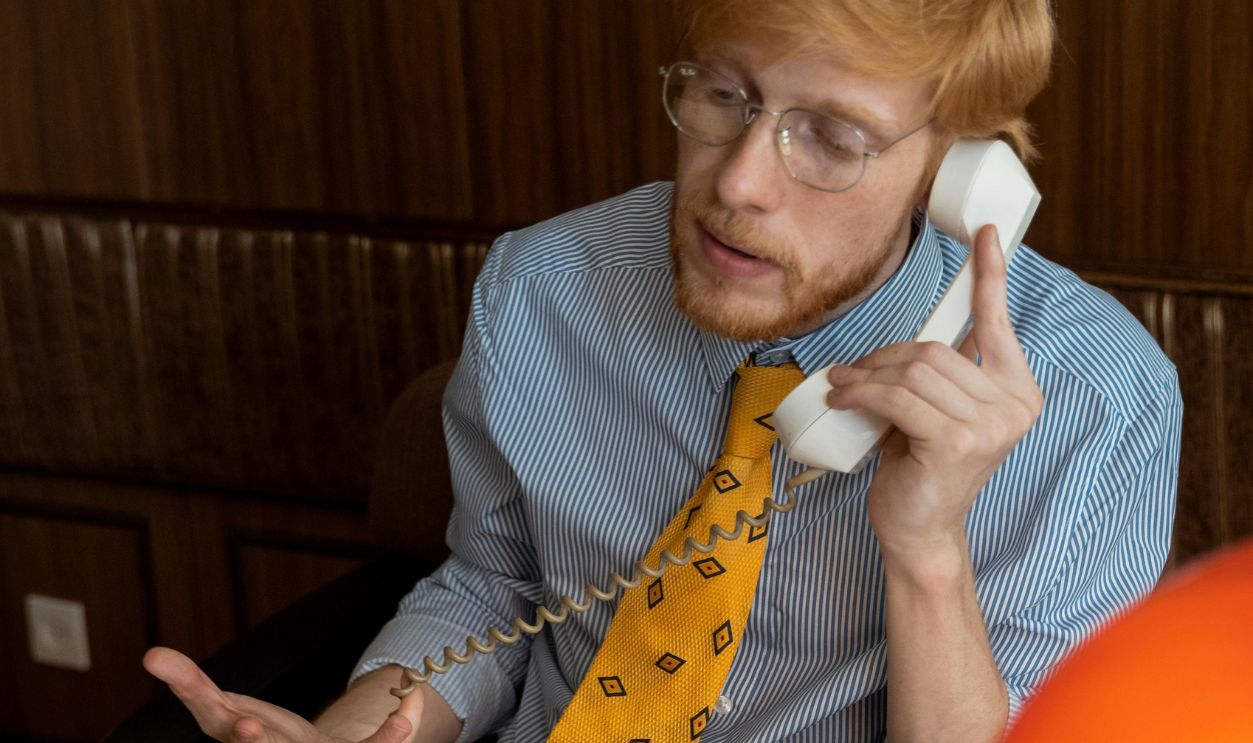 Photograph of a Man with Red Hair Talking on a Telephone