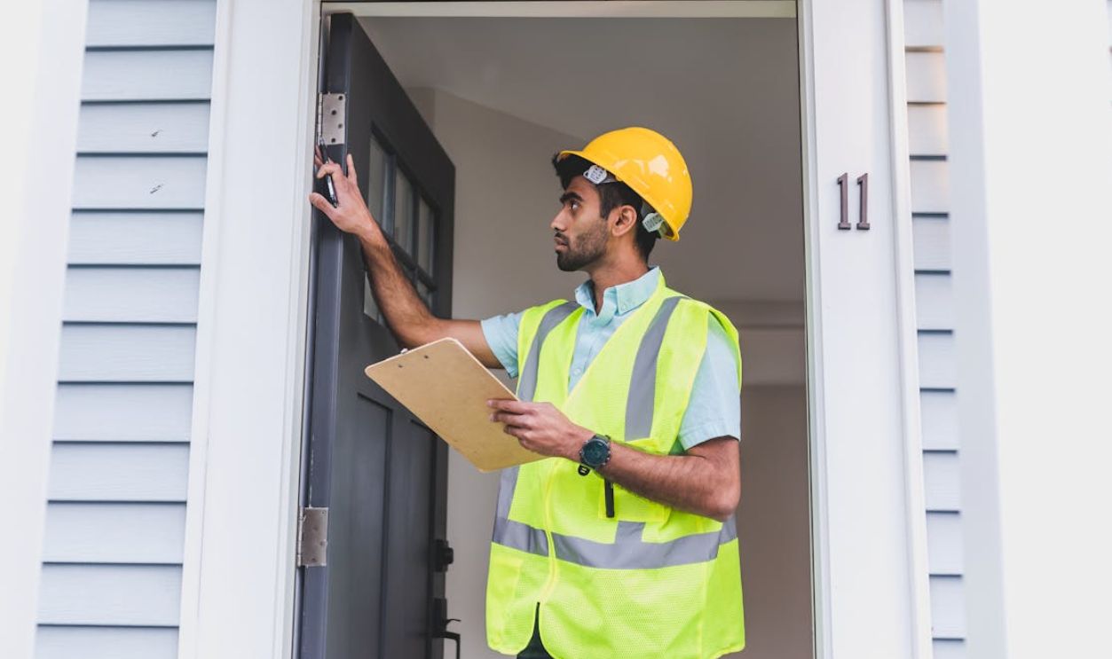 A Man in Safety Vest and Hard Hat Checking the Front Door