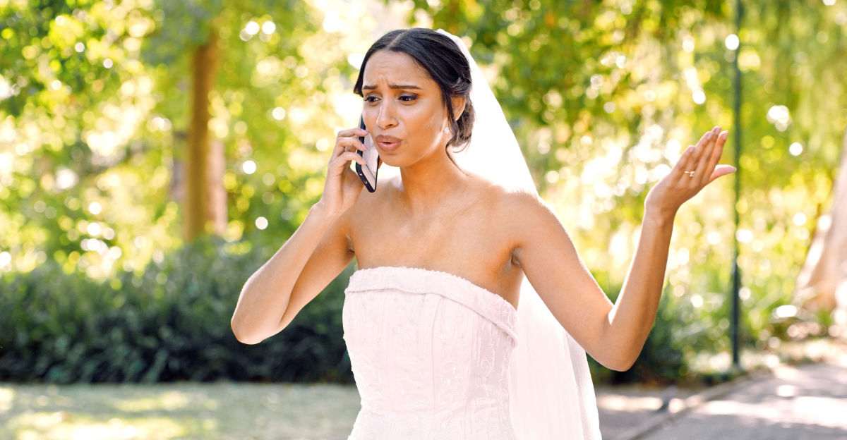 Phone call, stress and bride in park with wedding day