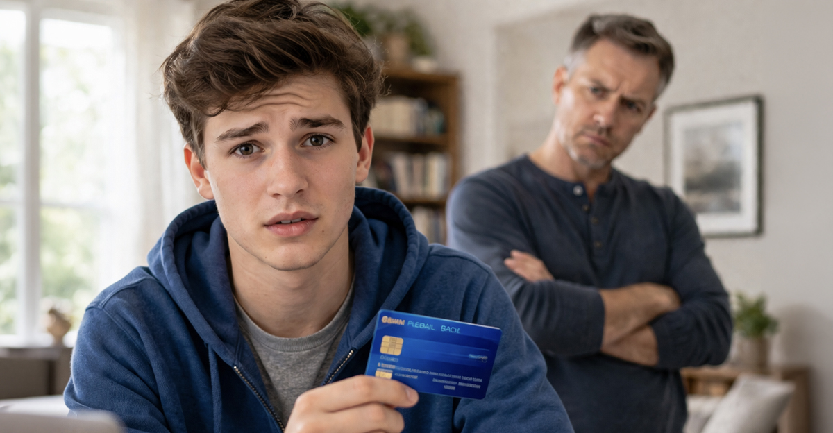 A young man with a credit card and his concerned father behind him.