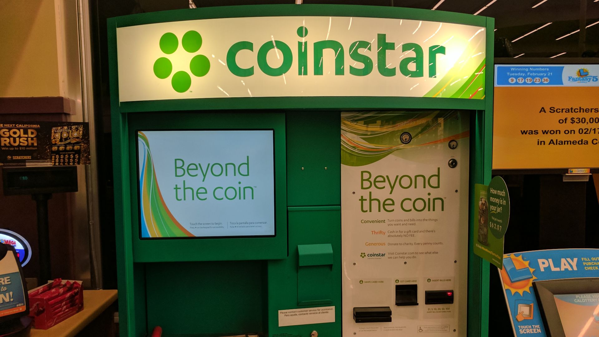 a coin-sorting machine exchanging loose change for scrips or gift vouchers, in the United States of America. See also a video of the machine in action.