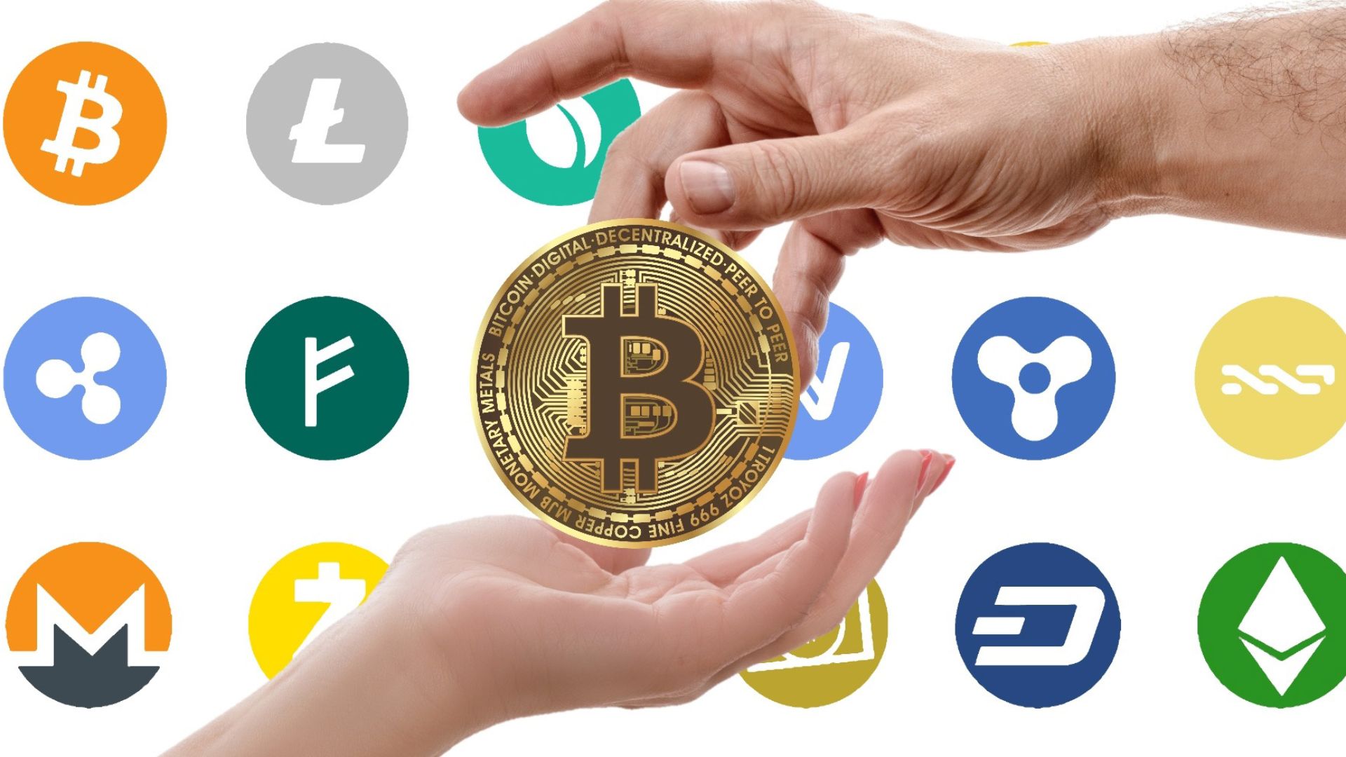 Various different crypto currencies logos. The bitcoin logo in the middle displays two hands, one hand is giving and one hand is receiving, and it is a metaphor for the exchanging of bitcoin.