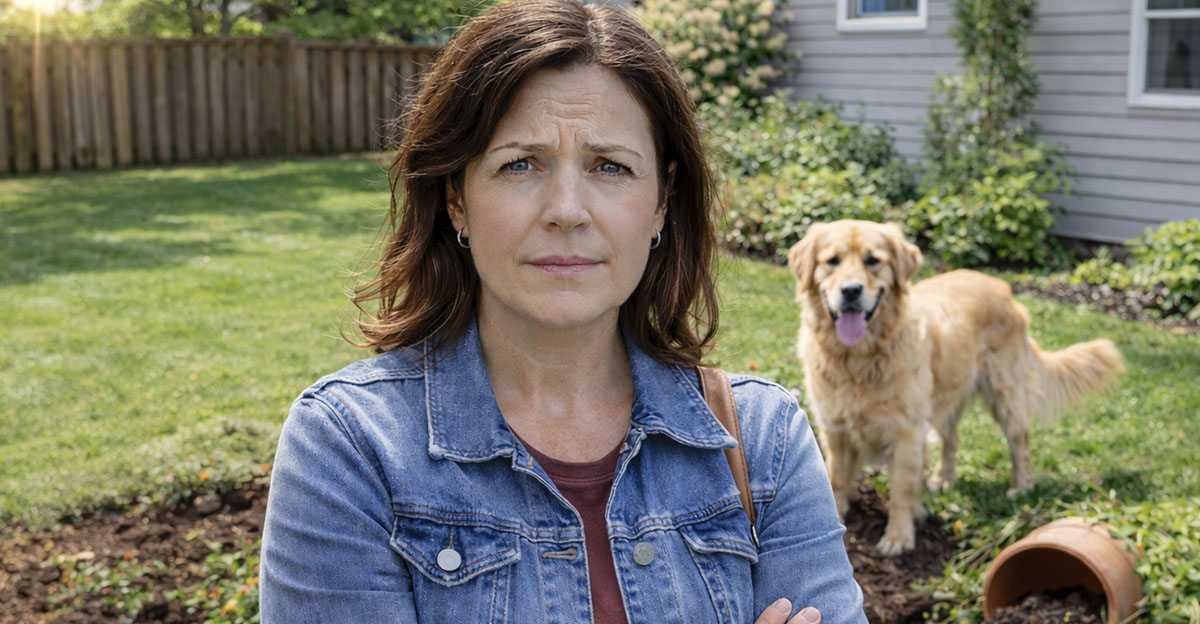 AI-generated image of a woman concerned about her neighbor's dog causing property damage.