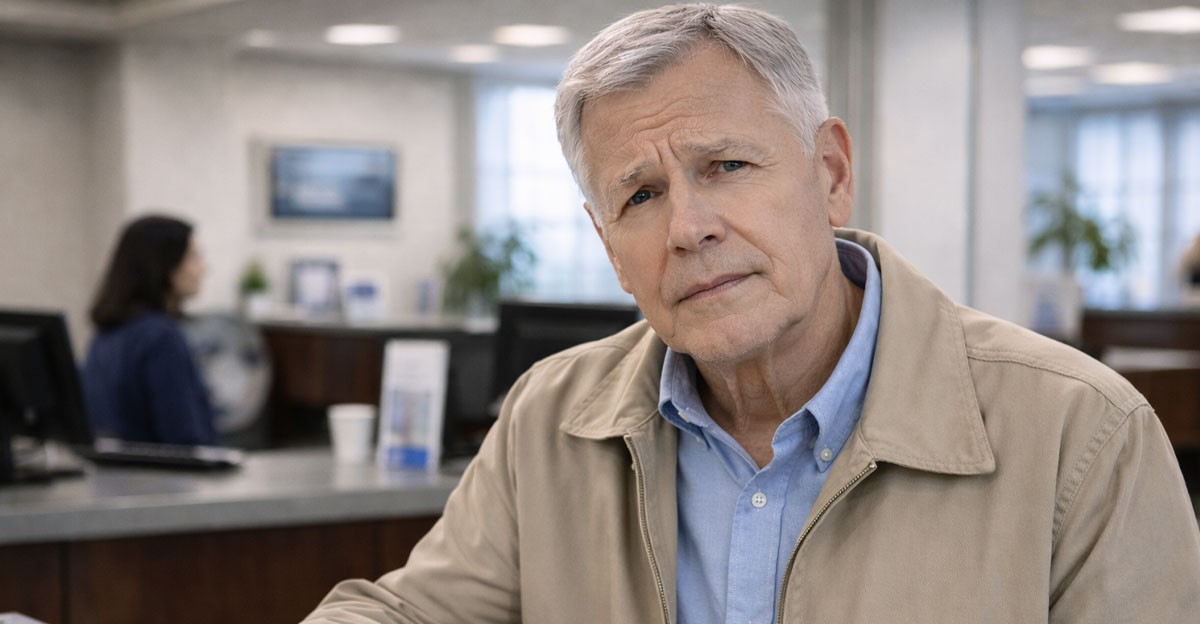 AI-generated image of a worried senior man at the bank.