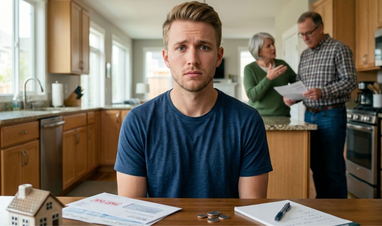 concerned and conflicted young man being persuaded by parents
