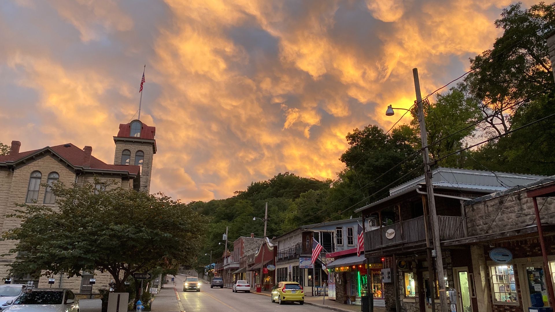 A beautiful sky over Main Street in downtown Eureka Springs.  The Carroll County Courthouse is seen on the left.