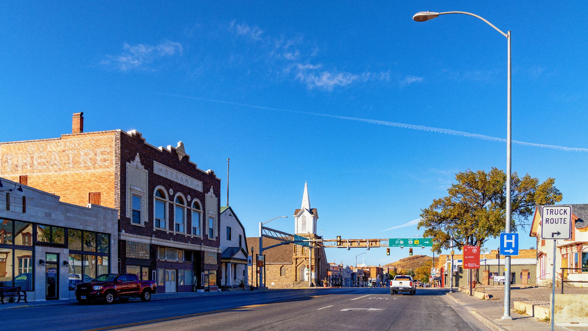 The intersection of W. Cedar Street in 3rd Street in downtown Rawlins, Wyoming.