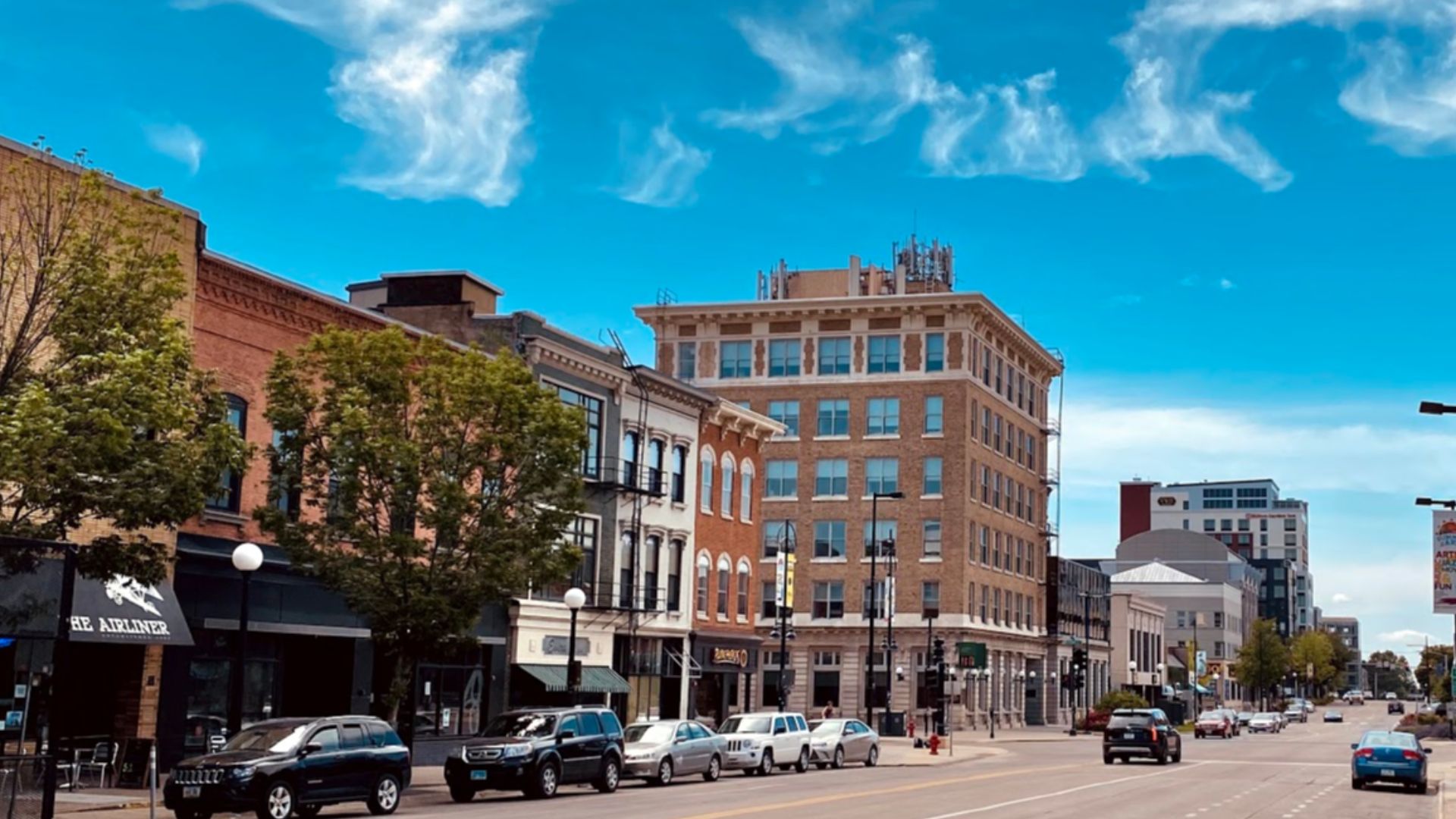 Picture of downtown Iowa City looking South down S Clinton Street. Taken June 6, 2021
