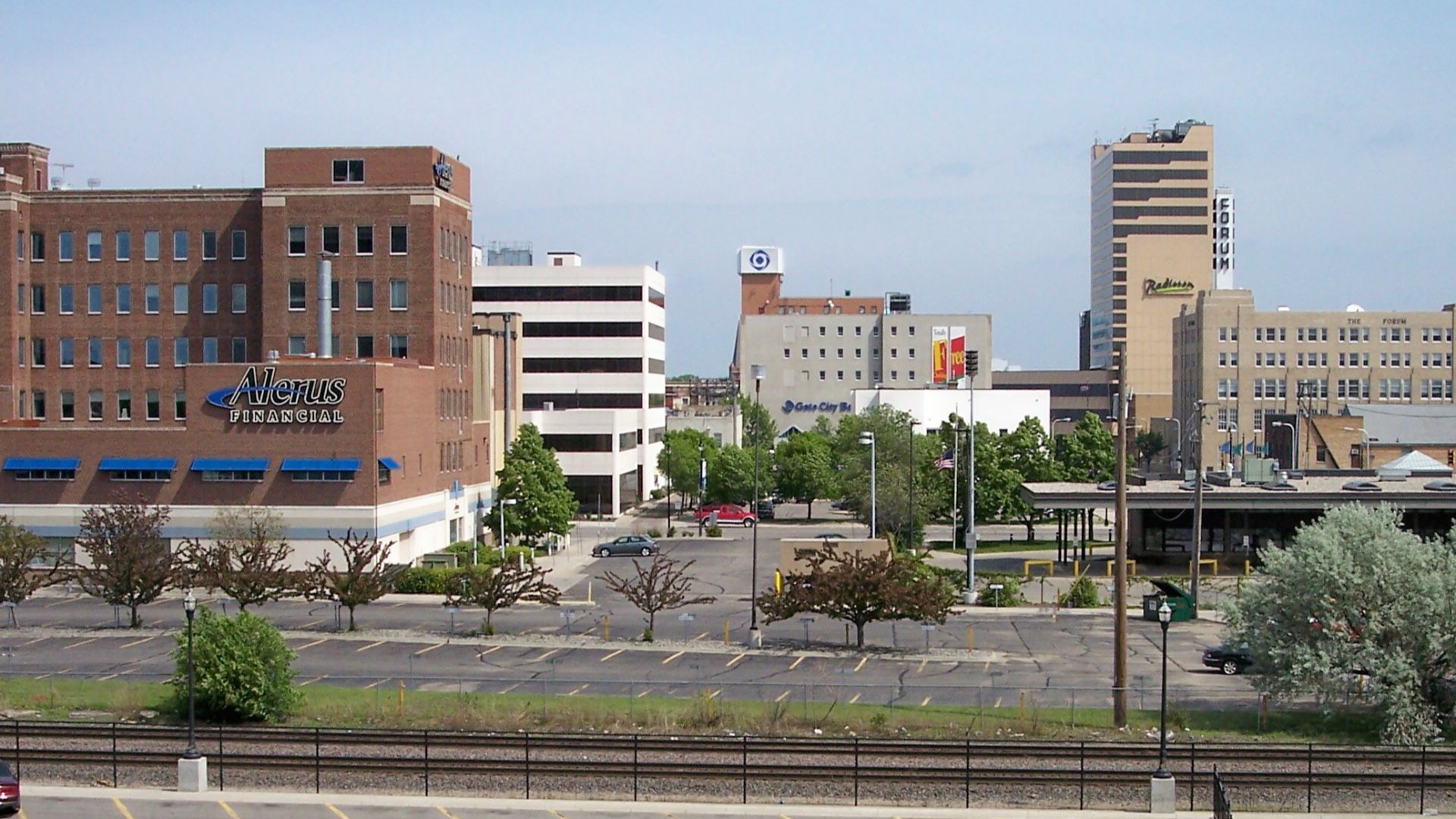 A portion of downtown w:Fargo, North Dakota as viewed from atop a parking garage on Main Avenue